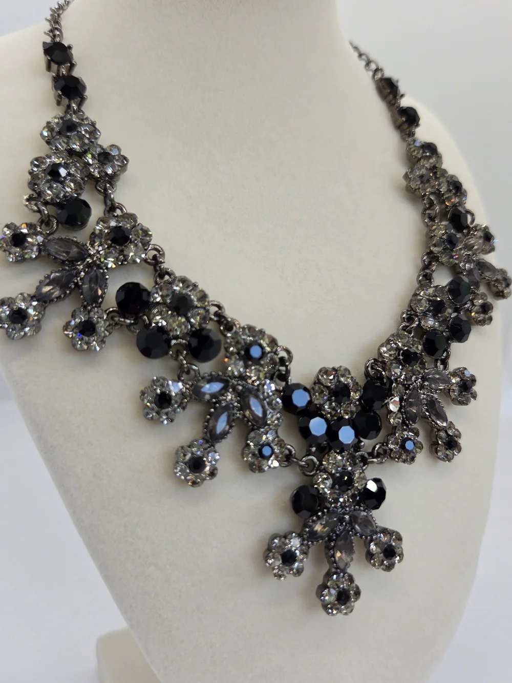 Elegant Black and Crystal Statement Necklace and Earrings Set, Vintage